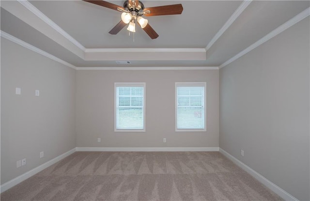 carpeted spare room with ornamental molding, ceiling fan, and a raised ceiling