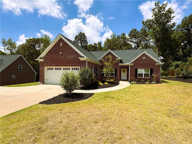 single story home with a garage and a front yard