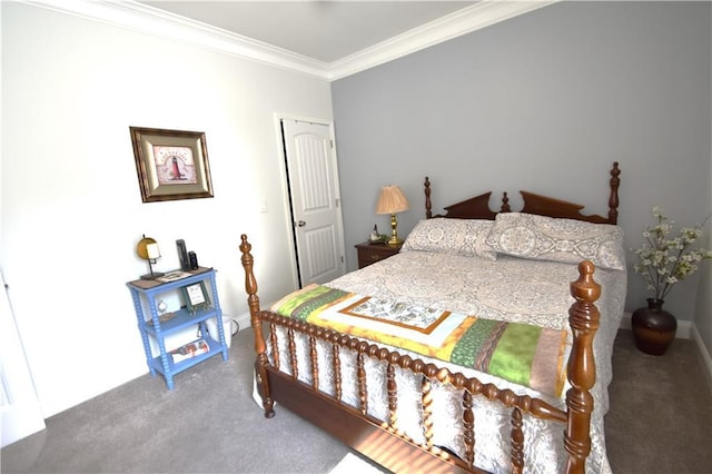 carpeted bedroom with crown molding