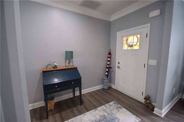 foyer entrance featuring dark hardwood / wood-style floors and ornamental molding