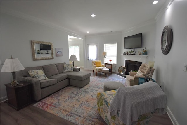 living room with crown molding and hardwood / wood-style flooring