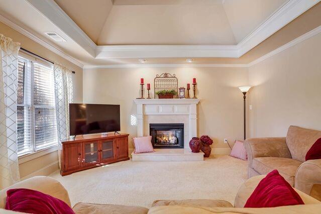 living room featuring carpet flooring, a raised ceiling, and ornamental molding