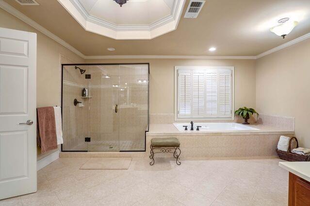 bathroom with a raised ceiling, crown molding, vanity, and shower with separate bathtub