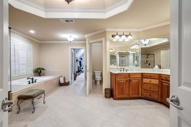 full bathroom with crown molding, plus walk in shower, vanity, and toilet