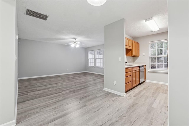 kitchen with dishwasher, ceiling fan, a wealth of natural light, and light hardwood / wood-style flooring