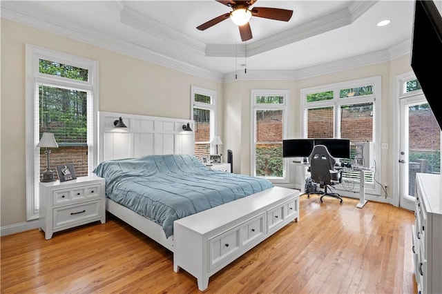 5955 Manchester Ln, Gainesville, GA 30506 - bedroom featuring access to outside, a tray ceiling, light wood-style floors, a desk, and ornamental molding