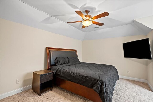 5955 Manchester Ln, Gainesville, GA 30506 - bedroom with light carpet, baseboards, a ceiling fan, and lofted ceiling