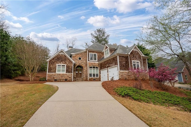 5955 Manchester Ln, Gainesville, GA 30506 - view of front facade featuring stone siding, driveway, a front yard, and an attached garage