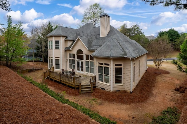 5955 Manchester Ln, Gainesville, GA 30506 - rear view of house featuring a deck, a chimney, crawl space, and a shingled roof