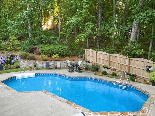 view of pool with a patio, fence, and a fenced in pool