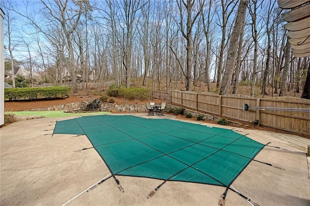 view of swimming pool featuring a fenced in pool, a patio area, and fence