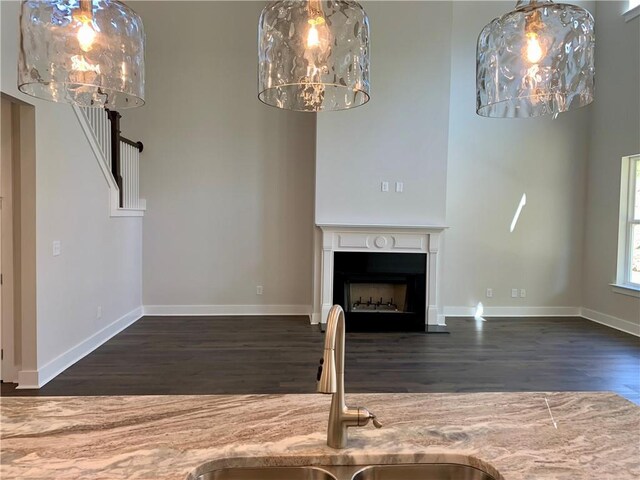 unfurnished living room with dark hardwood / wood-style floors and sink