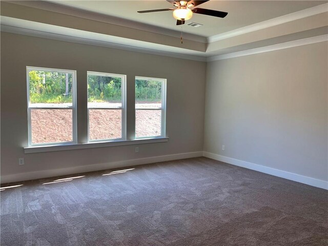 carpeted spare room with a tray ceiling and ceiling fan