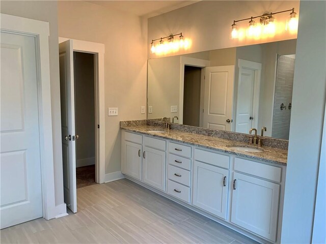 bathroom featuring walk in shower and vanity