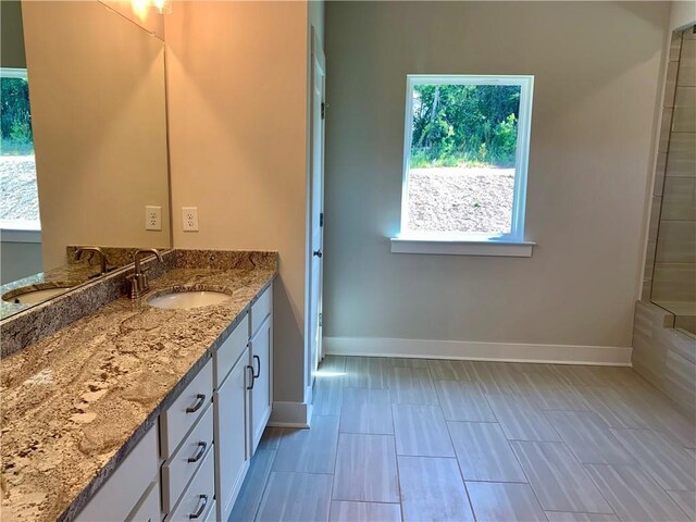 bathroom with vanity and a shower