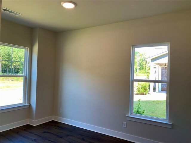 empty room with dark hardwood / wood-style floors and a healthy amount of sunlight