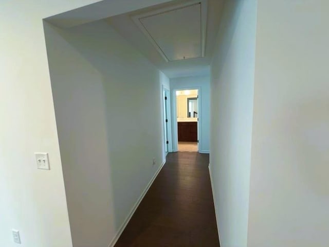 4935 Bellehurst Ln, Cumming, GA 30040 - corridor with attic access, baseboards, and dark wood-style floors