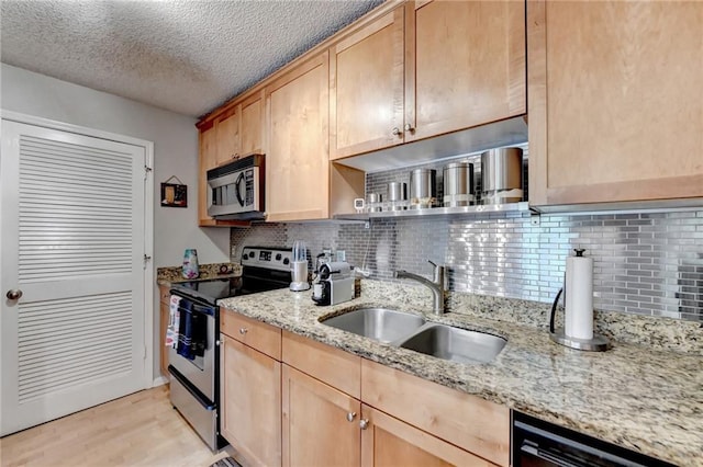 kitchen with light wood-type flooring, appliances with stainless steel finishes, a sink, and light brown cabinetry