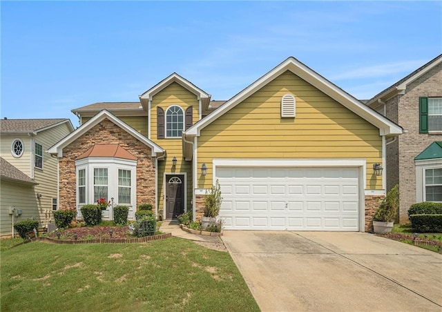 7761 Parkside Dr, Lithia Springs, GA 30122 - traditional-style house featuring stone siding, concrete driveway, and a front yard