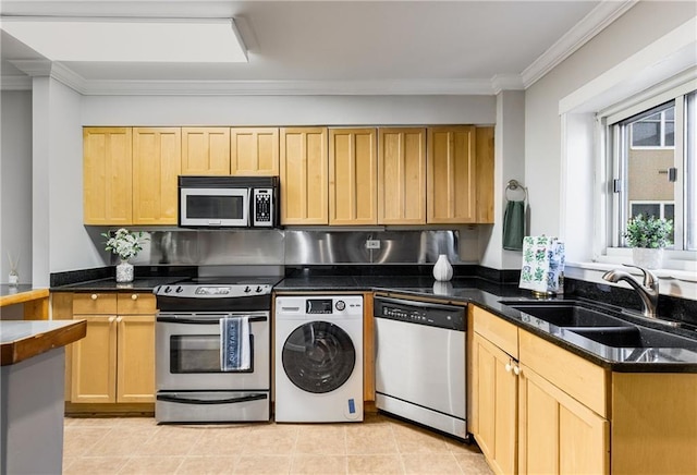 kitchen with crown molding, light brown cabinetry, washer / dryer, stainless steel appliances, and a sink