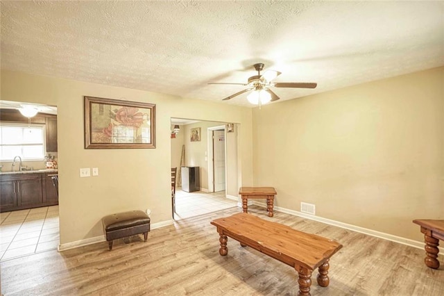 interior space with ceiling fan, light hardwood / wood-style flooring, a textured ceiling, and sink