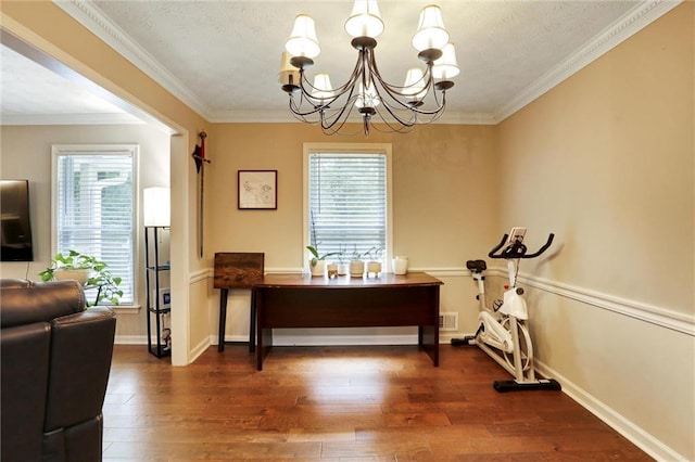 537 Raven Springs Trl, Stone Mountain, GA 30087 - office space featuring healthy amount of natural light, a chandelier, dark wood finished floors, and ornamental molding