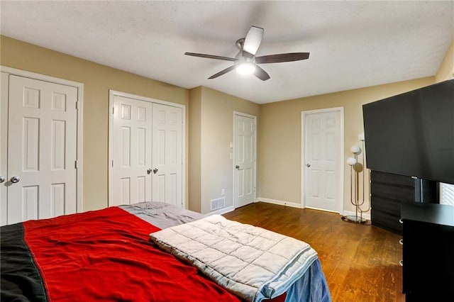 537 Raven Springs Trl, Stone Mountain, GA 30087 - bedroom with wood finished floors, two closets, and ceiling fan