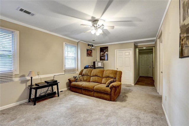 537 Raven Springs Trl, Stone Mountain, GA 30087 - living room featuring ceiling fan, carpet, and ornamental molding