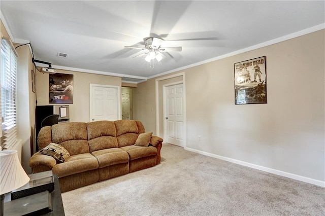537 Raven Springs Trl, Stone Mountain, GA 30087 - living area featuring ceiling fan, carpet floors, and crown molding