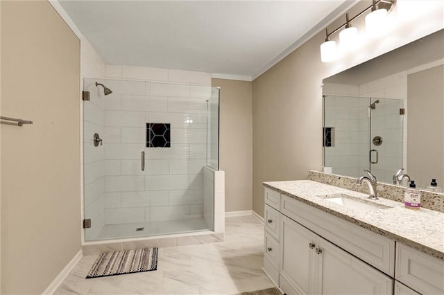 537 Raven Springs Trl, Stone Mountain, GA 30087 - bathroom with a shower stall, marble finish flooring, vanity, and ornamental molding