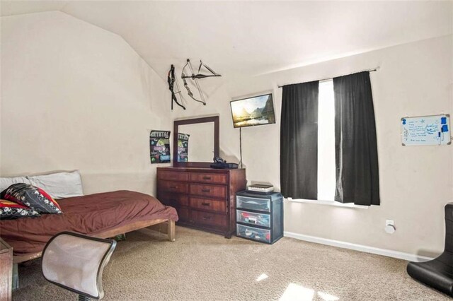 living area with carpet flooring and vaulted ceiling