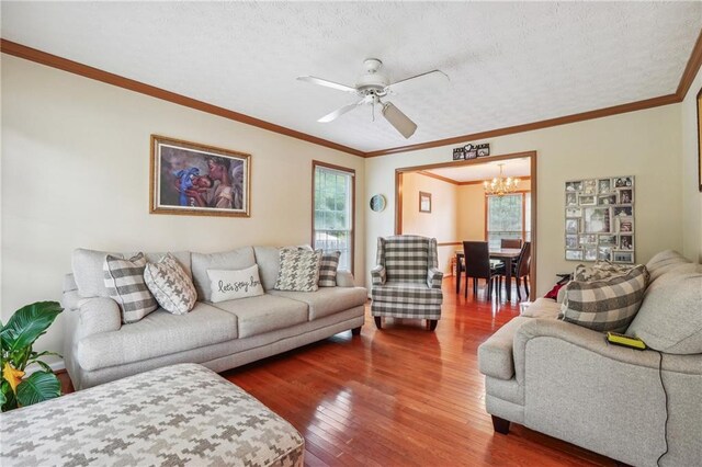 living room with a textured ceiling, ornamental molding, ceiling fan with notable chandelier, and wood-type flooring