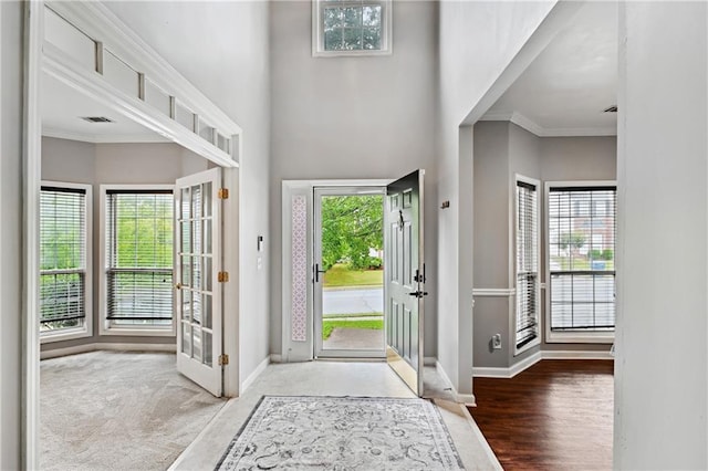 1185 Charter Club Dr, Lawrenceville, GA 30043 - foyer with baseboards, ornamental molding, a towering ceiling, and carpet flooring