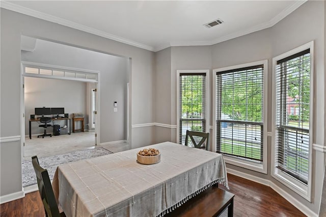 1185 Charter Club Dr, Lawrenceville, GA 30043 - dining room with baseboards, ornamental molding, an office area, and dark wood-style flooring