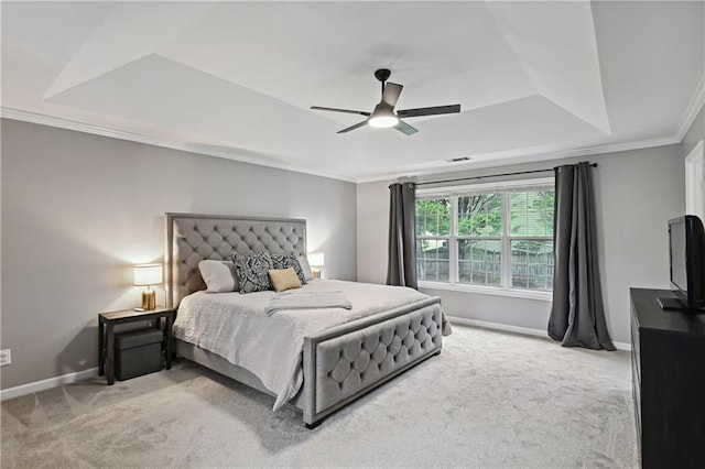 1185 Charter Club Dr, Lawrenceville, GA 30043 - carpeted bedroom featuring a tray ceiling, baseboards, crown molding, and ceiling fan