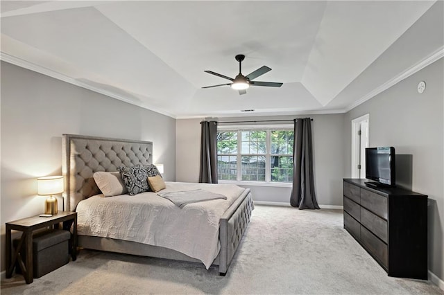 1185 Charter Club Dr, Lawrenceville, GA 30043 - bedroom featuring light carpet, a raised ceiling, ornamental molding, baseboards, and ceiling fan