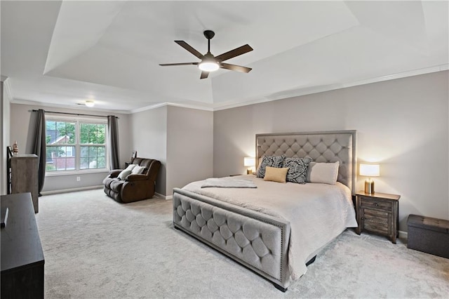 1185 Charter Club Dr, Lawrenceville, GA 30043 - bedroom featuring carpet floors, ornamental molding, a tray ceiling, a ceiling fan, and baseboards