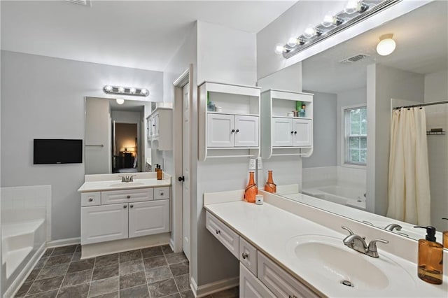 1185 Charter Club Dr, Lawrenceville, GA 30043 - full bathroom featuring a bath, vanity, a shower with curtain, and baseboards