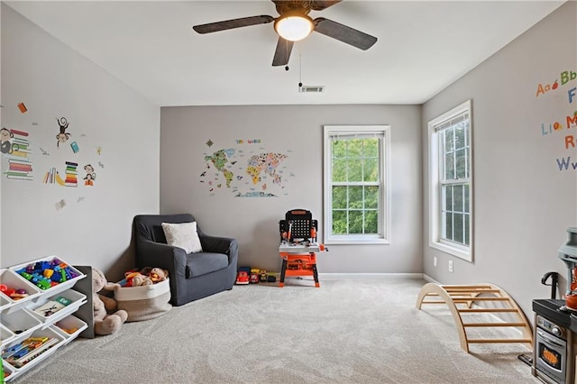 1185 Charter Club Dr, Lawrenceville, GA 30043 - rec room featuring ceiling fan, carpet flooring, and baseboards