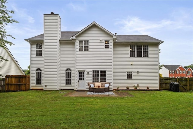 1185 Charter Club Dr, Lawrenceville, GA 30043 - back of property with an outdoor hangout area, a patio, and a chimney