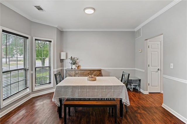 1185 Charter Club Dr, Lawrenceville, GA 30043 - dining room with dark wood-style flooring, baseboards, and crown molding