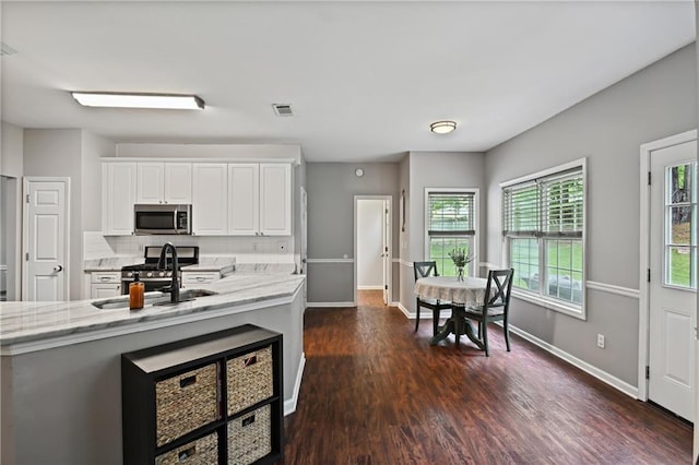 1185 Charter Club Dr, Lawrenceville, GA 30043 - kitchen with stainless steel microwave, a sink, light stone counters, baseboards, and white cabinetry