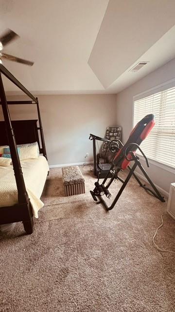 workout room with carpet and ceiling fan