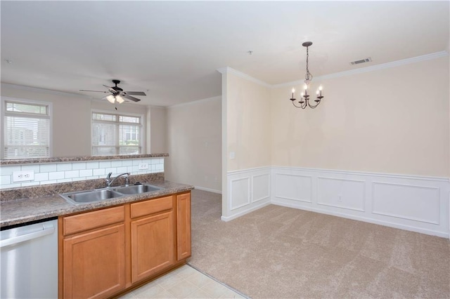 529 Ridge View Xing, Woodstock, GA 30188 - kitchen with dishwasher, a sink, a chandelier, ornamental molding, and a ceiling fan