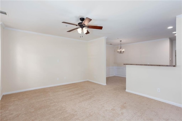 529 Ridge View Xing, Woodstock, GA 30188 - unfurnished room featuring a chandelier, a ceiling fan, light carpet, ornamental molding, and recessed lighting