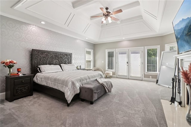 1213 Grande Vw, Loganville, GA 30052 - bedroom featuring access to outside, carpet, french doors, coffered ceiling, and ceiling fan