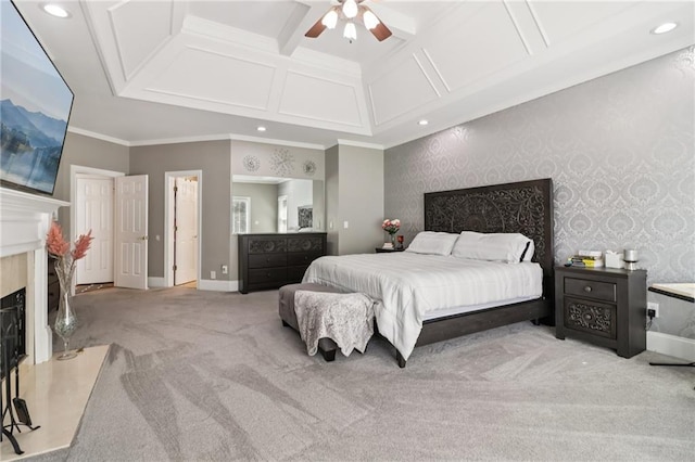 1213 Grande Vw, Loganville, GA 30052 - carpeted bedroom featuring a high end fireplace, ornamental molding, coffered ceiling, wallpapered walls, and recessed lighting
