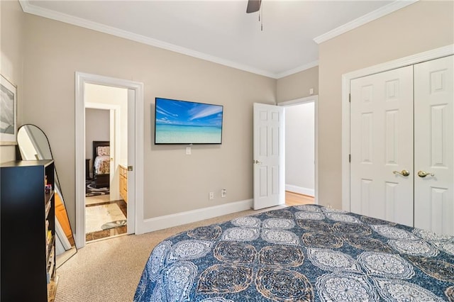 1213 Grande Vw, Loganville, GA 30052 - carpeted bedroom featuring ornamental molding, a ceiling fan, and a closet