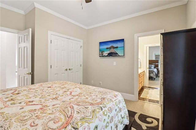 1213 Grande Vw, Loganville, GA 30052 - bedroom featuring dark colored carpet, crown molding, a closet, and ceiling fan