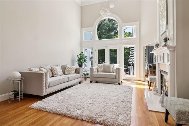1213 Grande Vw, Loganville, GA 30052 - living area featuring a towering ceiling, a high end fireplace, crown molding, and light wood finished floors